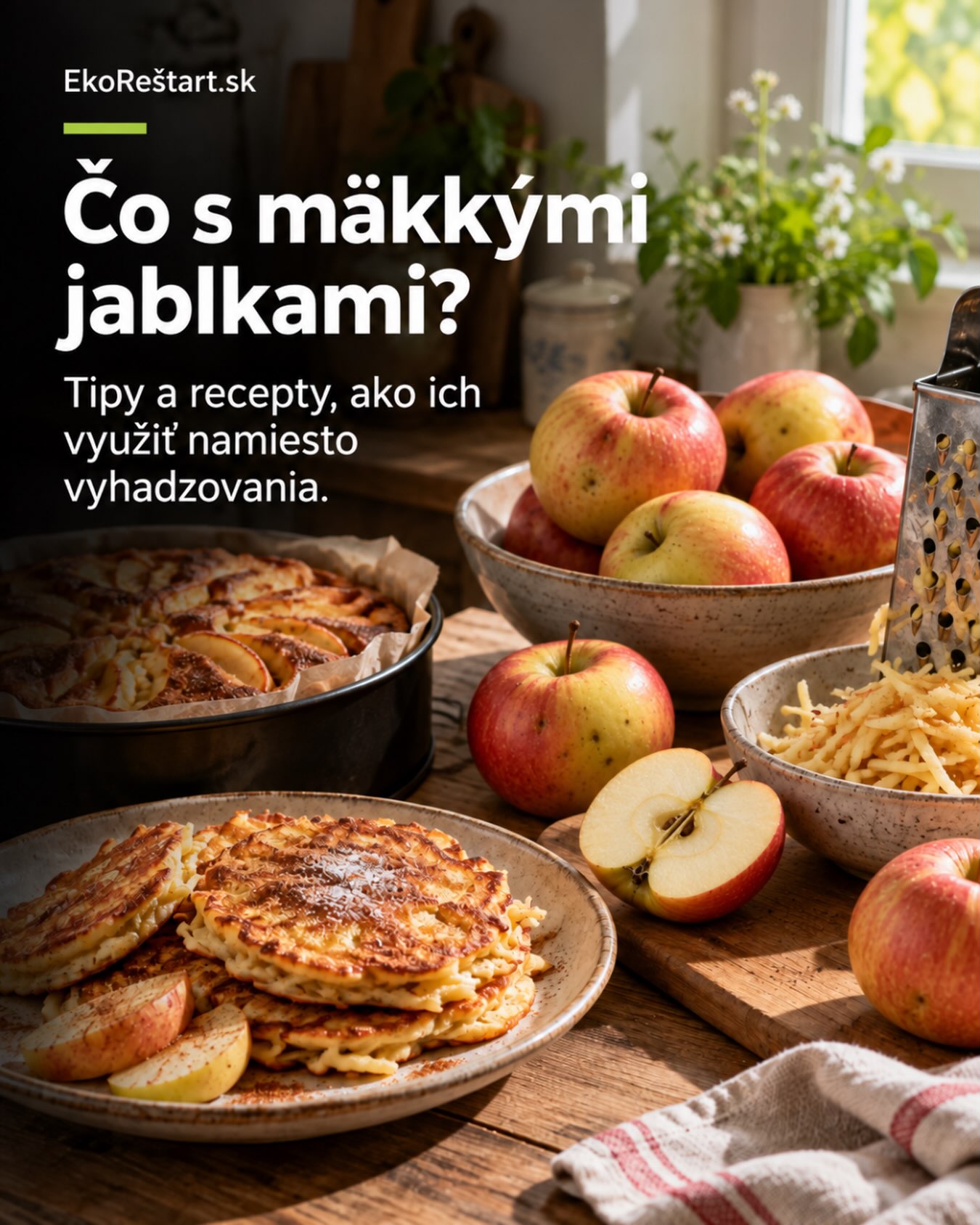 Mäkké jablká ešte vôbec nemusia skončiť v koši 🍎 Často sú práve v tejto fáze ideálne na recepty, kde neprekáža, že už nie sú úplne chrumkavé.

Môžete ich nastrúhať do lievancov, pridať do koláča, uvariť z nich pyré či kompót alebo ich využiť do kaše a ďalších jednoduchých jedál. Dôležité je len rozlíšiť, či sú jablká iba mäkké a prezreté, alebo už majú známky plesne či hniloby.

V našom článku na EkoRestart.sk nájdete praktické tipy a recepty, ako mäkké jablká využiť namiesto zbytočného vyhadzovania 🌿

#jablka #recepty #menejodpadu #zerowaste #zerowastekuchyna